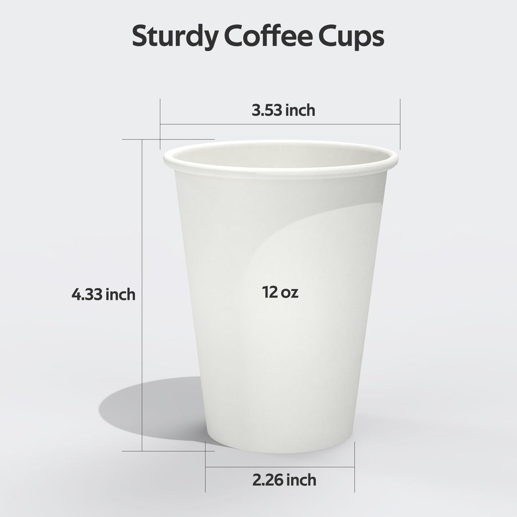 Dealusy 200 Count 12 oz Coffee Cups, Leak-Free Food Safe Paper Cups 12 oz, Disposable 12oz White Paper Cups for Cold and Hot Drinks