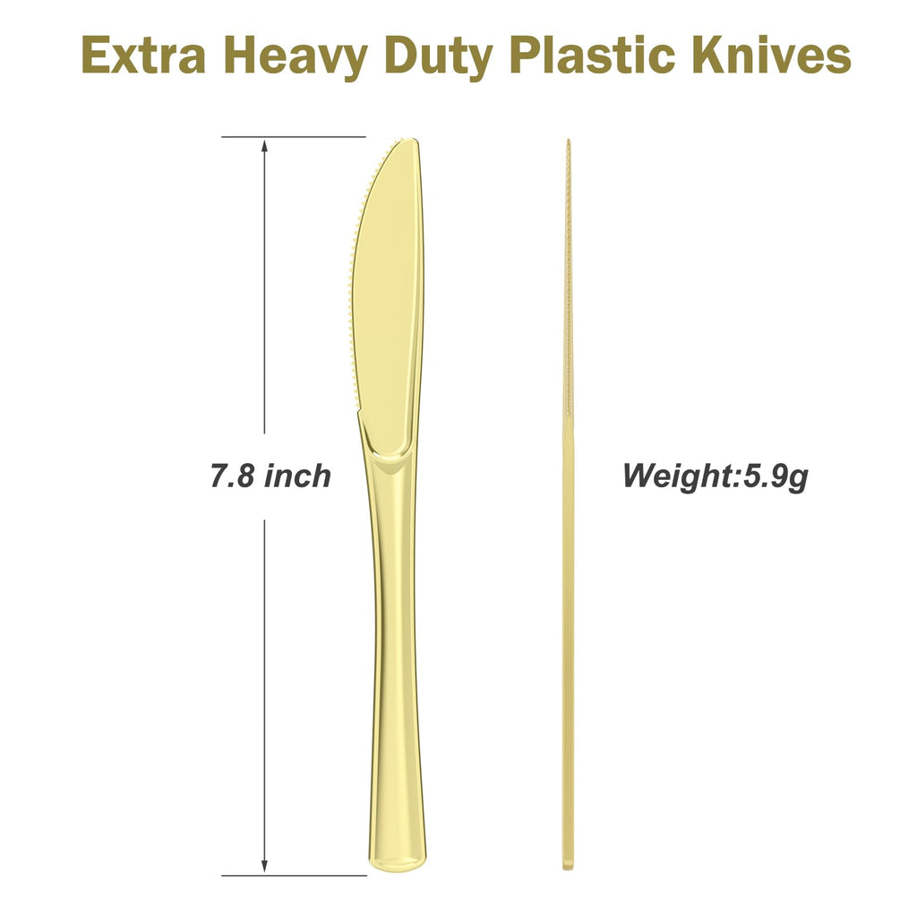 Dealusy 100 Count Heavy Duty Gold Plastic Knives Disposable, BPA-Free, Heat Resistant, Solid and Durable Premium Plastic Disposable Knives for Party Supply