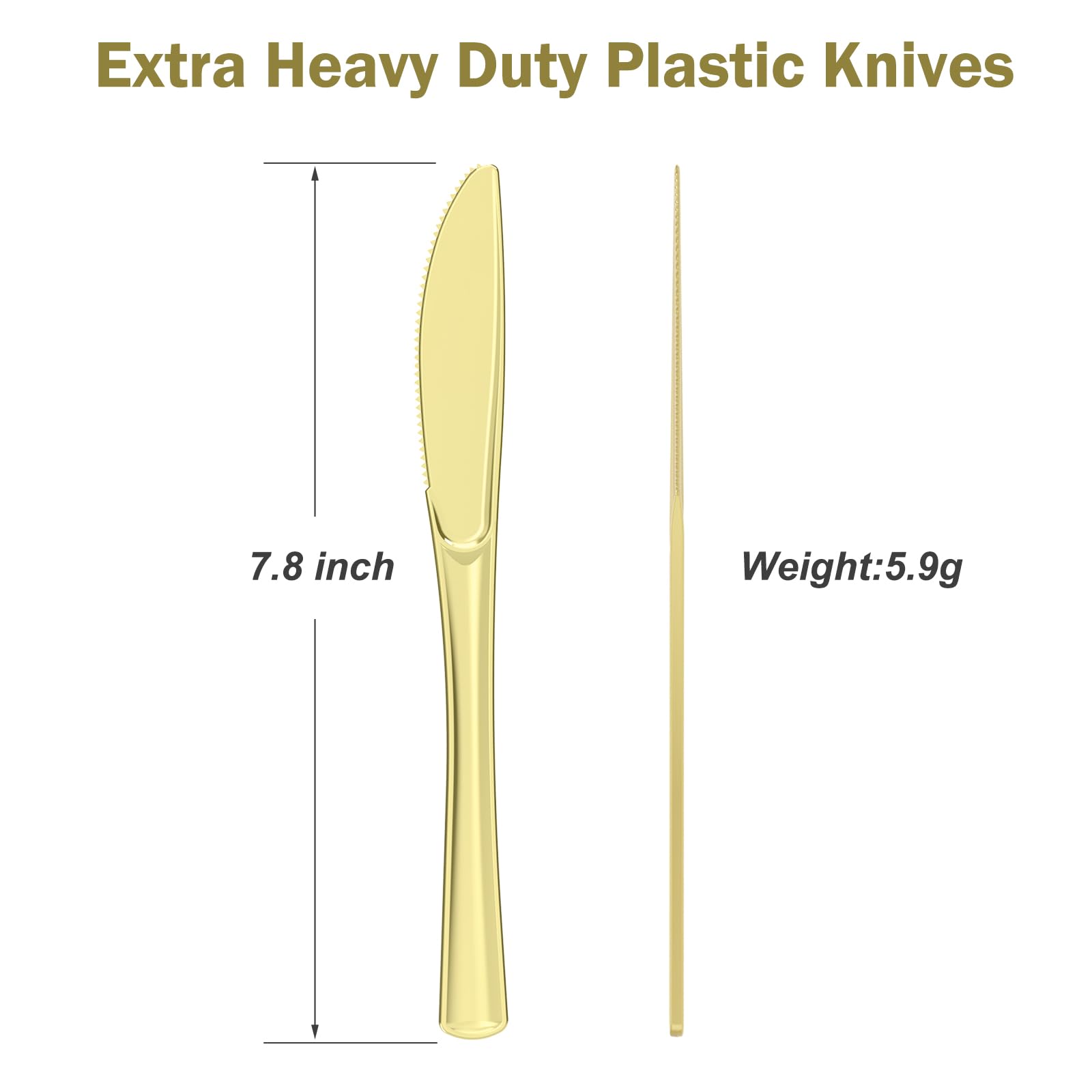 Dealusy 100 Count Heavy Duty Gold Plastic Knives Disposable, BPA-Free, Heat Resistant, Solid and Durable Premium Plastic Disposable Knives for Party Supply