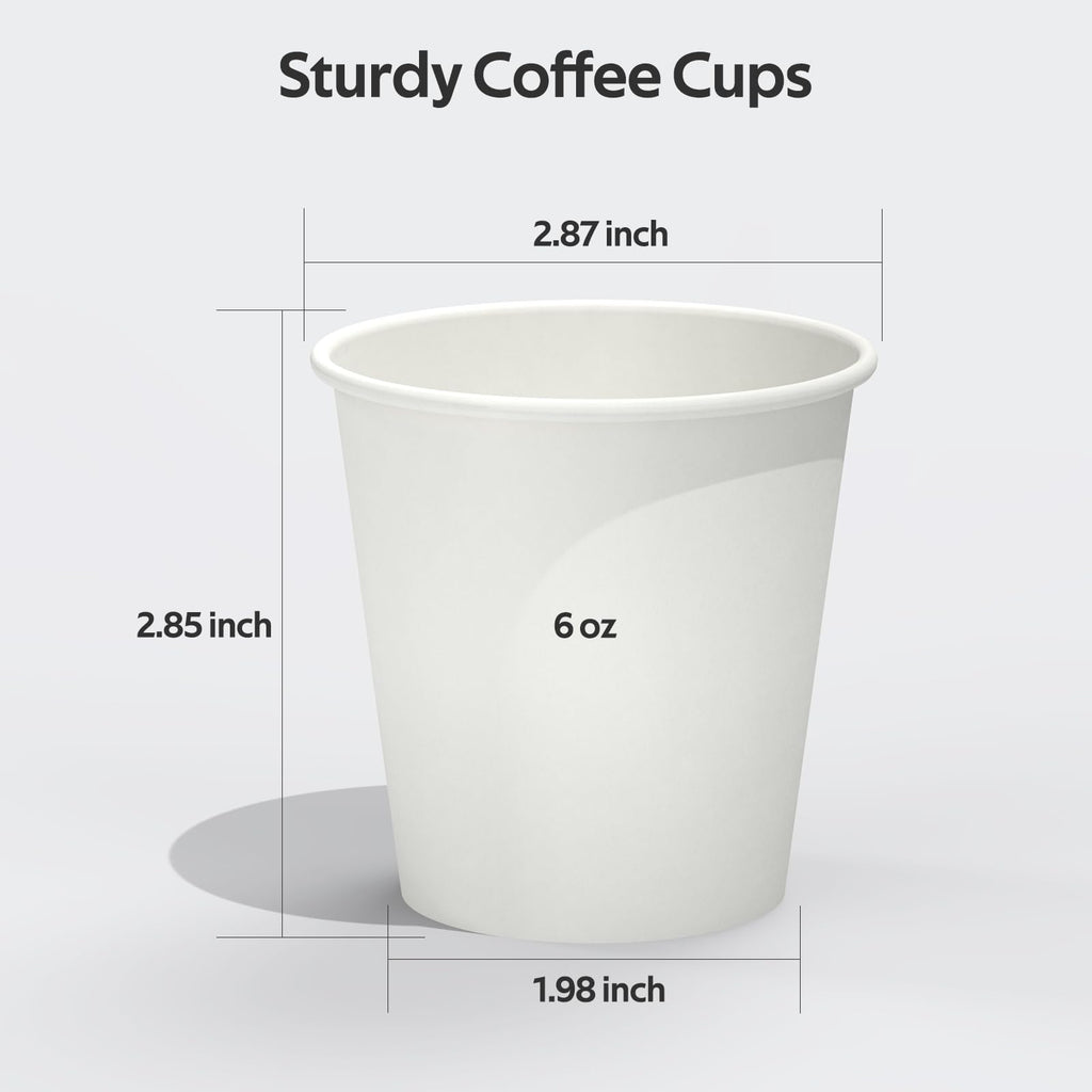 Dealusy 100 Count 6 oz Coffee Cups, Leak-Free Food Safe Paper Cups 6 oz, Disposable 6oz White Paper Cups for Cold and Hot Drinks