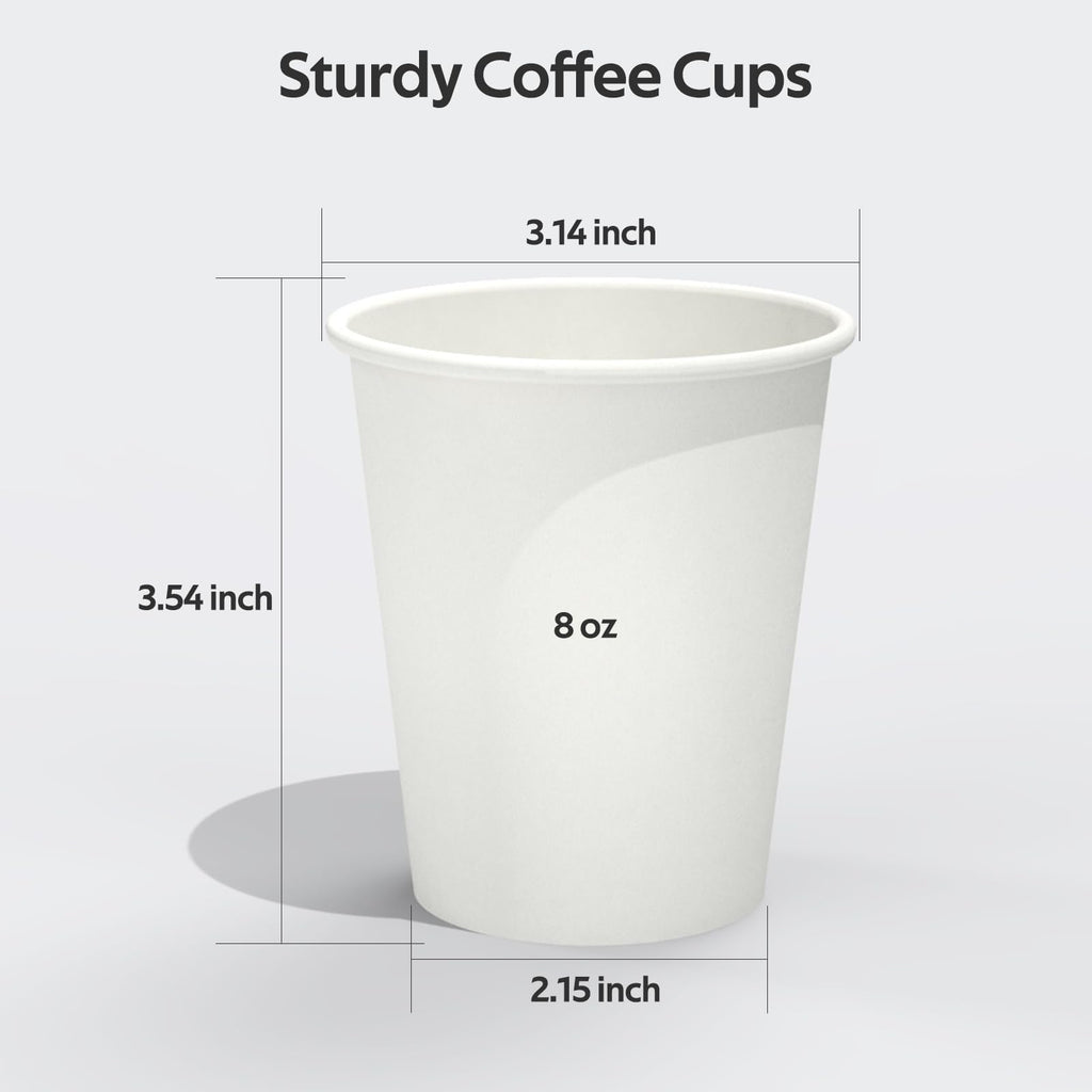 Dealusy 100 Count 8 oz Coffee Cups, Leak-Free Food Safe Paper Cups 8 oz, Disposable 8oz White Paper Cups for Cold and Hot Drinks