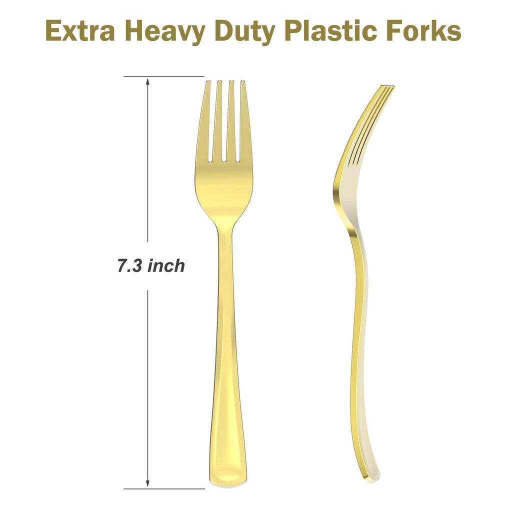 Dealusy 100 Count Heavy Duty Gold Plastic Forks Disposable, BPA-Free, Heat Resistant, Solid and Durable Premium Plastic Disposable Forks for Party Supply