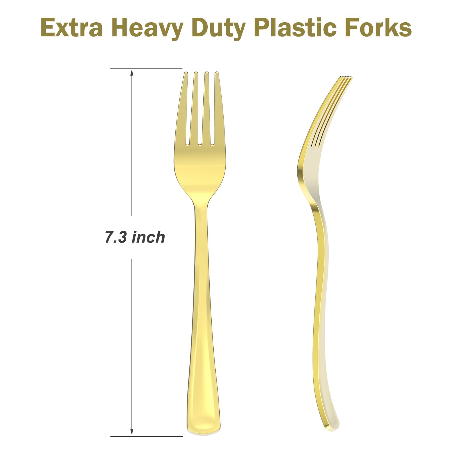 Dealusy 100 Count Heavy Duty Gold Plastic Forks Disposable, BPA-Free, Heat Resistant, Solid and Durable Premium Plastic Disposable Forks for Party Supply