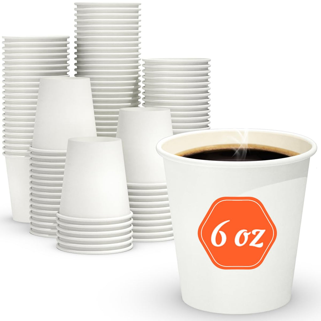Dealusy 100 Count 6 oz Coffee Cups, Leak-Free Food Safe Paper Cups 6 oz, Disposable 6oz White Paper Cups for Cold and Hot Drinks