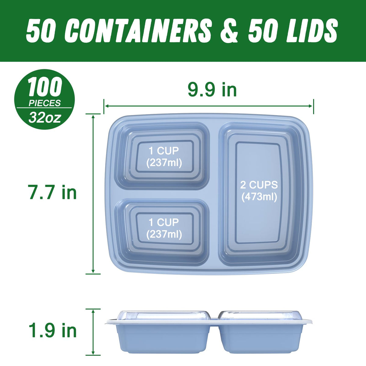50 Pack (100-Piece) 32 oz Meal Prep Containers Reusable with Lids 3-Compartment, To Go Take Out Plastic Food Storage Containers, Sturdy Leakproof Food Safe, Microwave Freezer Dishwasher Safe, Blue