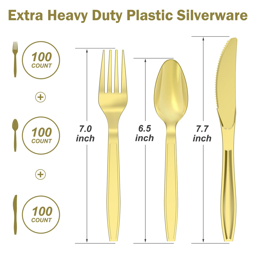 Dealusy 300 Count Extra Heavy Duty Gold Plastic Silverware, 100 Forks, 100 Spoons, 100 Knives, BPA-Free, Heat Resistant, Disposable Plastic Utensils Set, Plastic Cutlery Set, Plasticware Bulk