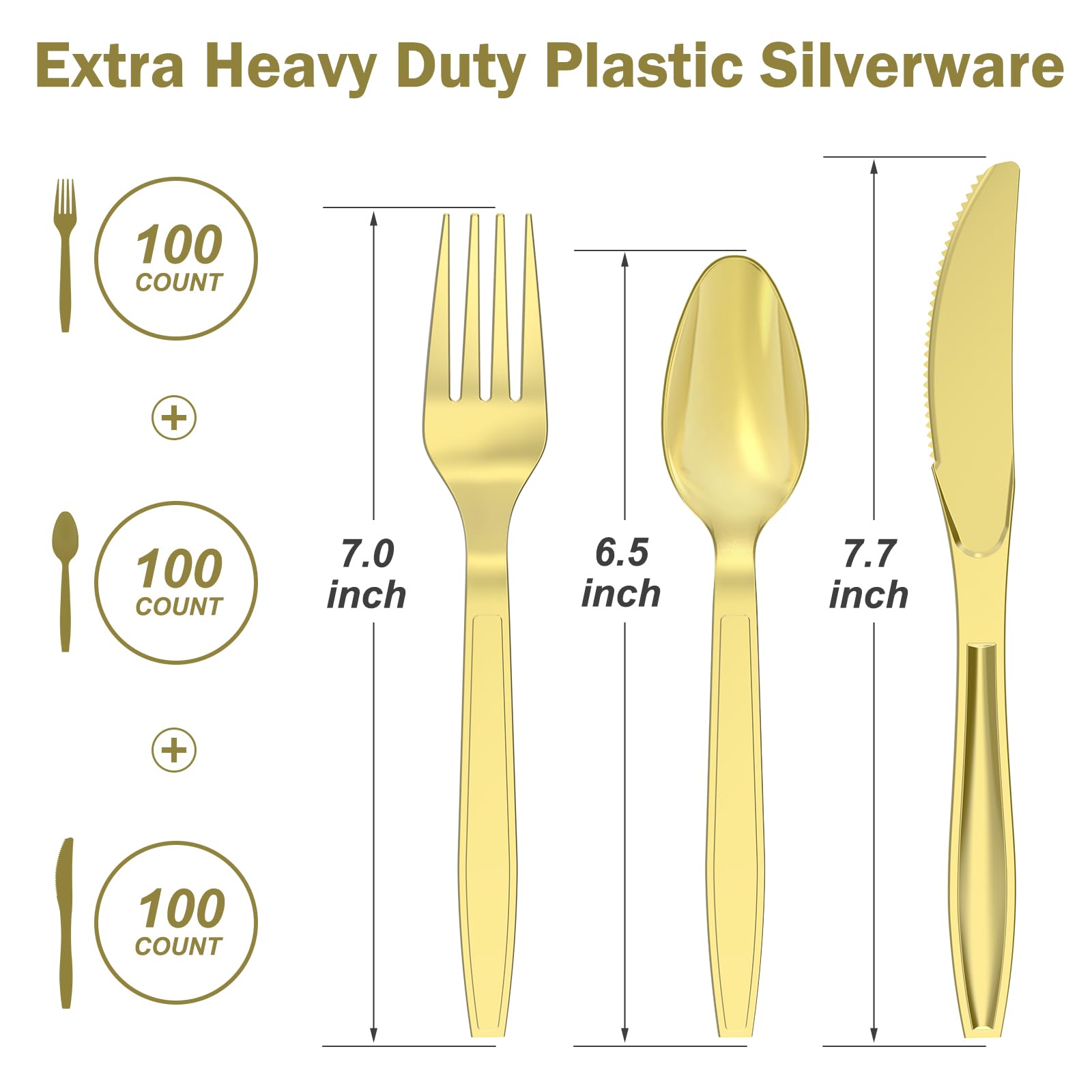 Dealusy 300 Count Extra Heavy Duty Gold Plastic Silverware, 100 Forks, 100 Spoons, 100 Knives, BPA-Free, Heat Resistant, Disposable Plastic Utensils Set, Plastic Cutlery Set, Plasticware Bulk