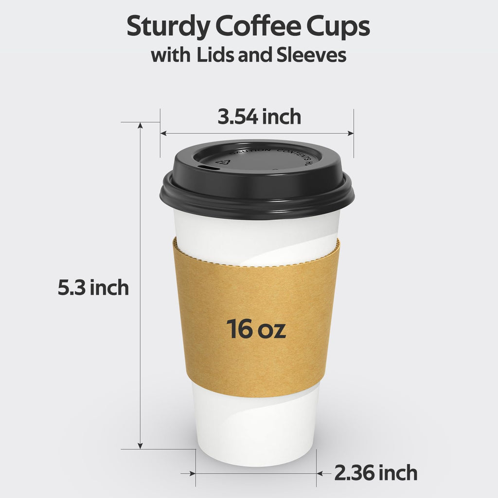 Dealusy 100 Pack 16 oz Disposable Coffee Cups with Lids and Sleeves, Sturdy Thick Paper & Leak-free Insulated to Go Paper Hot Coffee Cups with Sip Lids for Hot & Cold Beverage