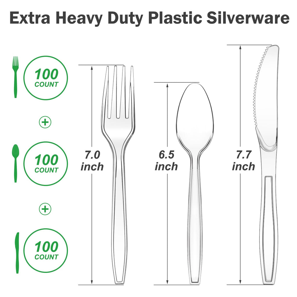 Dealusy 300 Count Extra Heavy Duty Clear Plastic Silverware, 100 Forks, 100 Spoons, 100 Knives, BPA-Free, Heat Resistant, Disposable Plastic Utensils Set, Plastic Cutlery Set, Plasticware Bulk