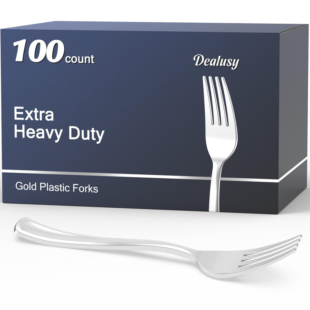 Dealusy 100 Count Heavy Duty Silver Plastic Forks Disposable, BPA-Free, Heat Resistant, Solid and Durable Premium Plastic Disposable Forks for Party Supply