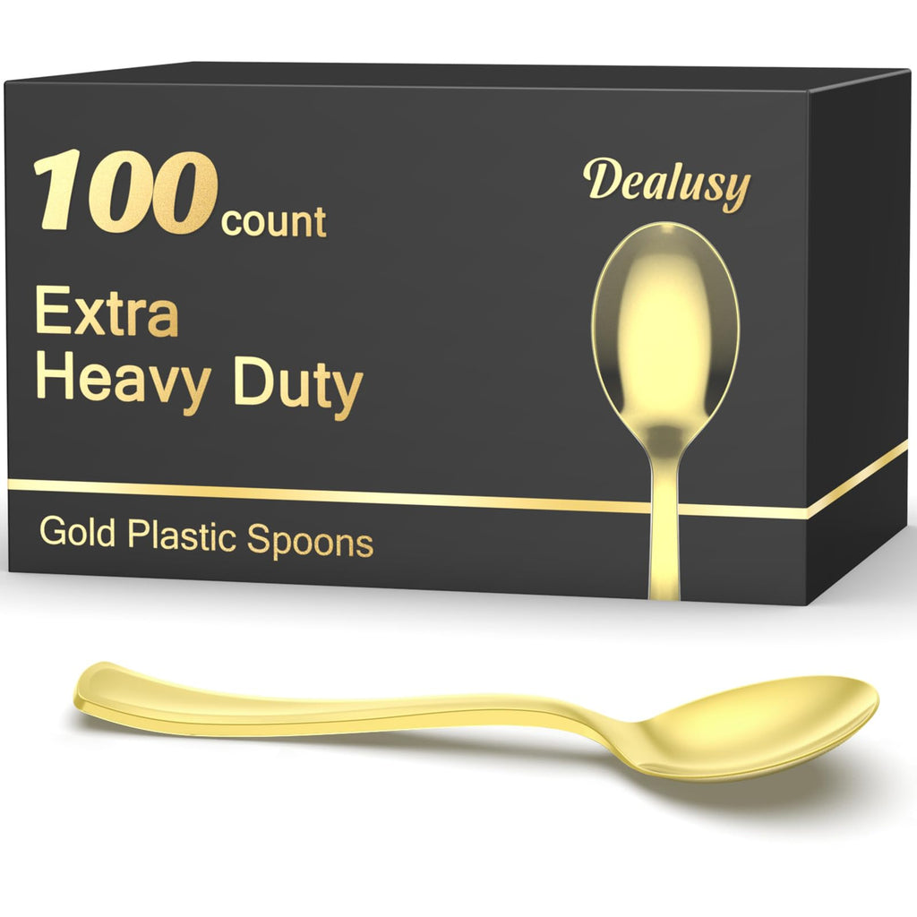 Dealusy 100 Count Heavy Duty Gold Plastic Spoons Disposable, BPA-Free, Heat Resistant, Solid and Durable Premium Plastic Disposable Spoons for Party Supply