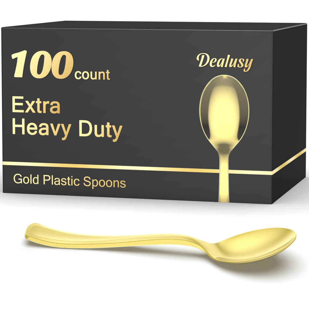 Dealusy 100 Count Heavy Duty Gold Plastic Spoons Disposable, BPA-Free, Heat Resistant, Solid and Durable Premium Plastic Disposable Spoons for Party Supply