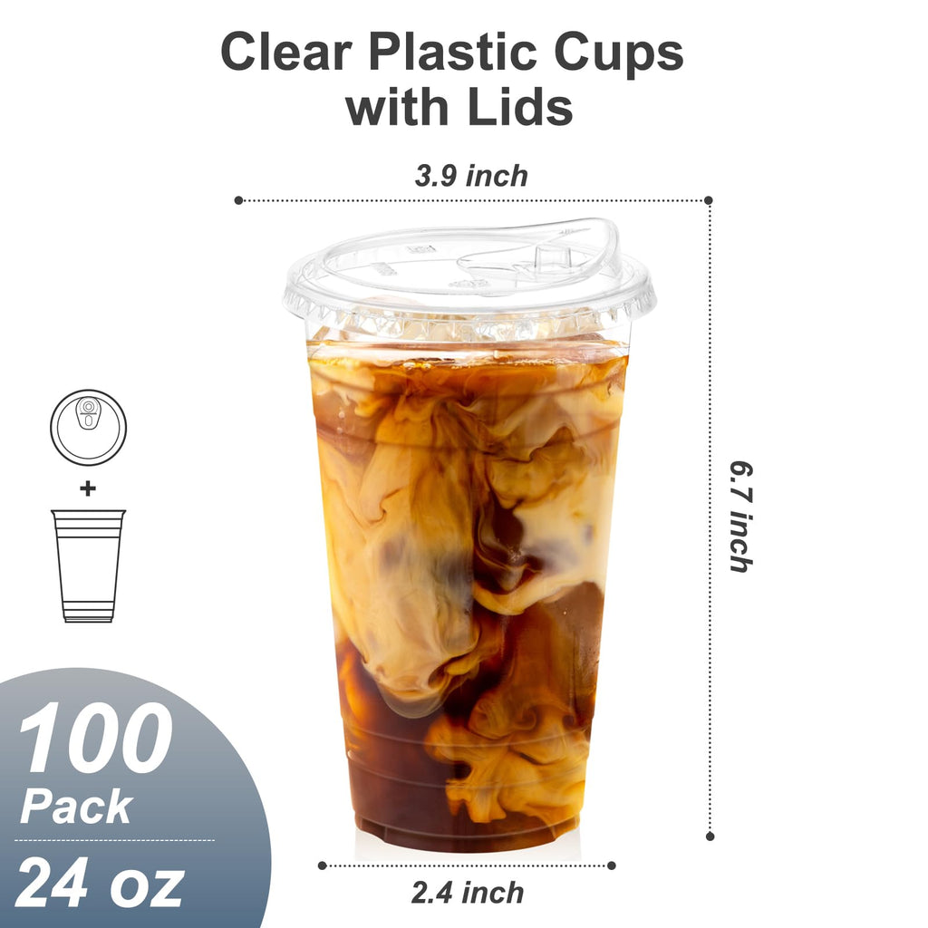 Dealusy 100 Pack - 24 oz Clear Plastic Cups with Lids, Sturdy & Food Safe Iced Coffee Cups with lids, Disposable Plastic Smoothie Cups for Cold Drinks, Sip Lids