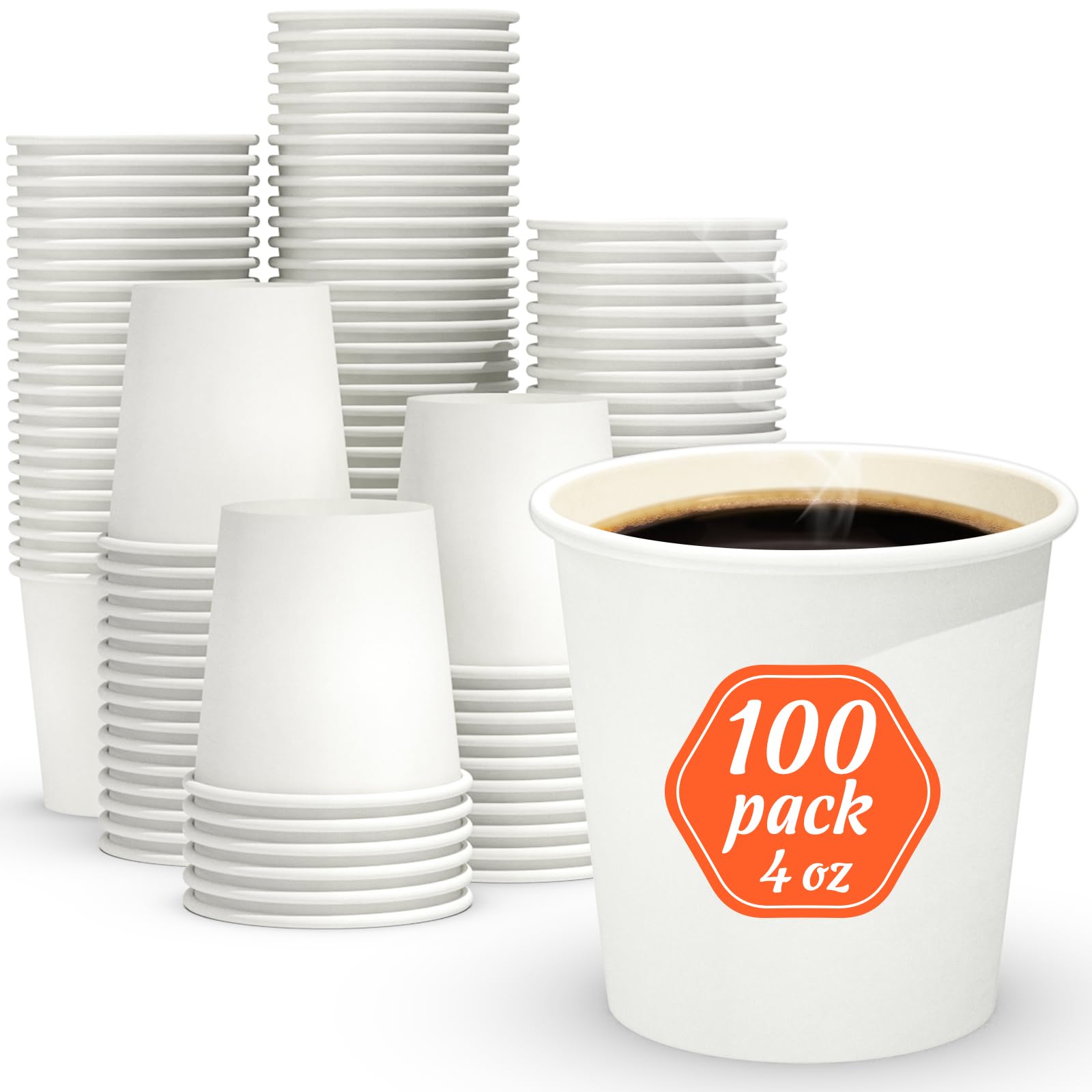 Dealusy 100 Count 4 oz Coffee Cups, Leak-Free Food Safe Paper Cups 4 oz, Disposable 4oz White Paper Cups for Cold and Hot Drinks