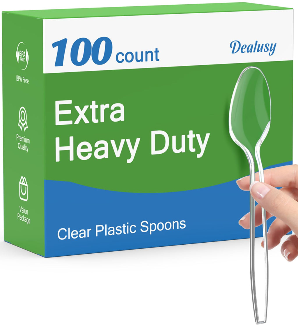 Dealusy 100 Count Clear Plastic Spoons Disposable, BPA-Free, Heat Resistant, Solid and Durable Disposable Spoons Heavy Duty Bulk, Premium Spoons plastic disposable for Party Supply