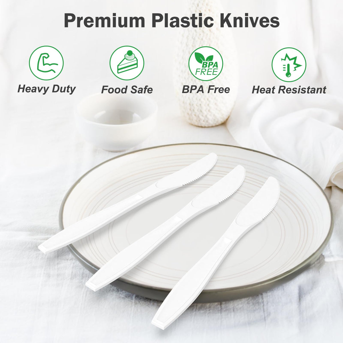Dealusy 360 Count Extra Heavy Duty White Plastic Knives Disposable, BPA-Free, Heat Resistant, Solid and Durable Disposable Knives Bulk, Premium Plastic Knives heavy duty for Party Supply