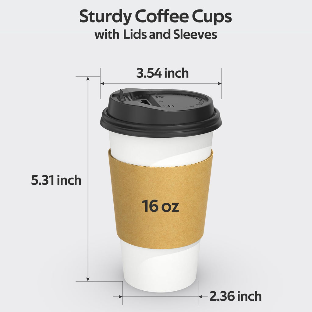 Dealusy 100 Pack 16 oz Disposable Coffee Cups with Lids and Sleeves, Sturdy Thick Paper & Leak-free Insulated to Go Paper Hot Coffee Cups for Hot & Cold Beverage