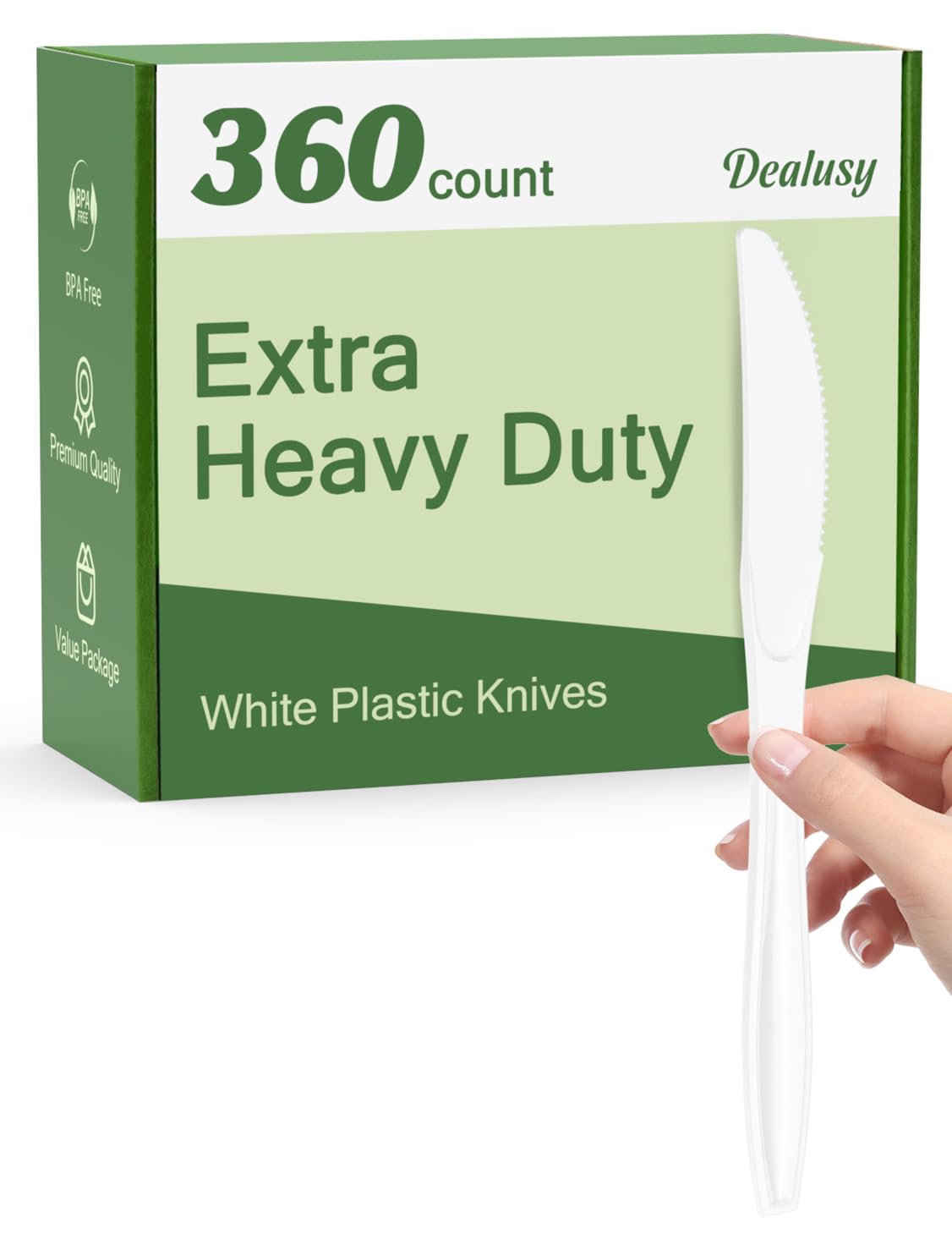 Dealusy 360 Count Extra Heavy Duty White Plastic Knives Disposable, BPA-Free, Heat Resistant, Solid and Durable Disposable Knives Bulk, Premium Plastic Knives heavy duty for Party Supply