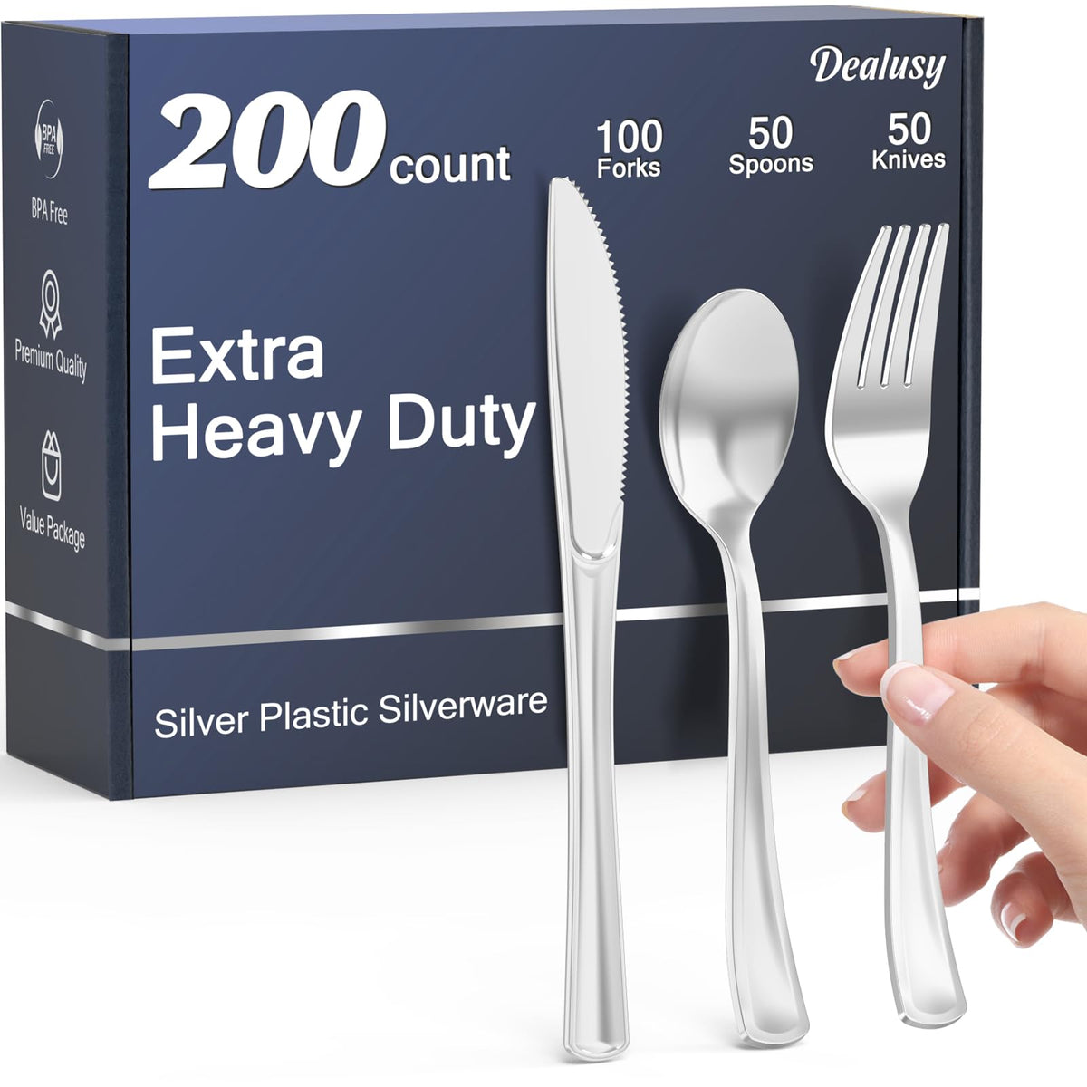Dealusy 200 Count Heavy Duty Silver Plastic Silverware, 100 Forks, 50 Spoons, 50 Knives, BPA-Free, Heat Resistant, Disposable Plastic Utensils Set Cutlery Set, Plasticware Bulk