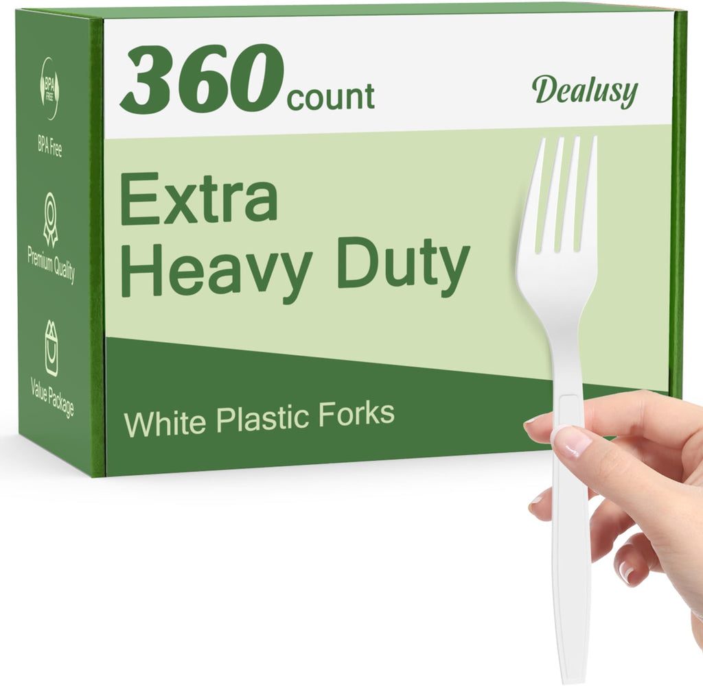 Dealusy 360 Count Extra Heavy Duty White Plastic Forks Disposable, BPA-Free, Heat Resistant, Solid and Durable Disposable Forks Bulk, Premium Plastic Forks heavy duty for Party Supply