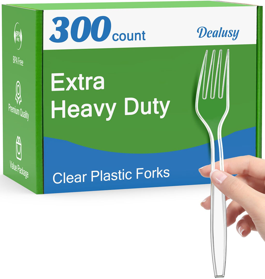 Dealusy 300 Count Extra Heavy Duty Clear Plastic Forks Disposable, BPA-Free, Heat Resistant, Solid and Durable Disposable Forks Bulk, Premium Plastic Forks heavy duty for Party Supply