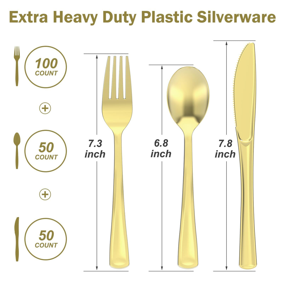 Dealusy 200 Count Heavy Duty Gold Plastic Silverware, 100 Forks, 50 Spoons, 50 Knives, BPA-Free, Heat Resistant, Disposable Plastic Utensils Set Cutlery Set, Plasticware Bulk
