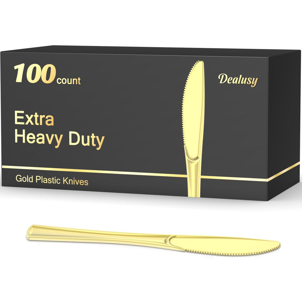 Dealusy 100 Count Heavy Duty Gold Plastic Knives Disposable, BPA-Free, Heat Resistant, Solid and Durable Premium Plastic Disposable Knives for Party Supply