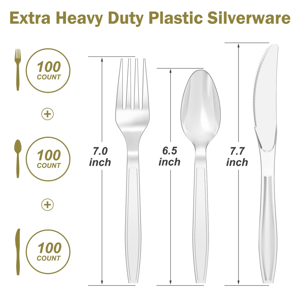 Dealusy 300 Count Extra Heavy Duty Silver Plastic Silverware, 100 Forks, 100 Spoons, 100 Knives, BPA-Free, Heat Resistant, Disposable Plastic Utensils Set, Plastic Cutlery Set, Plasticware Bulk