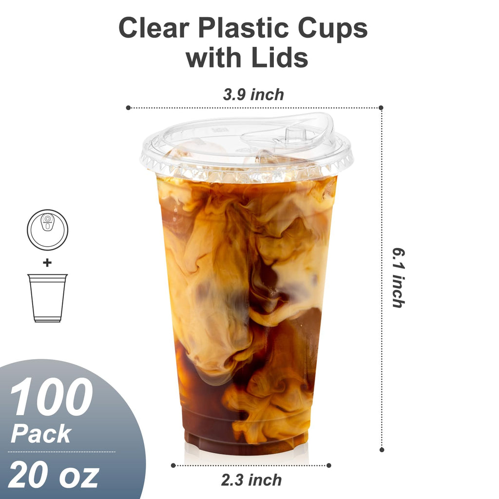 Dealusy 100 Pack - 20 oz Clear Plastic Cups with Lids, Sturdy & Food Safe Iced Coffee Cups with lids, Disposable Plastic Smoothie Cups for Cold Drinks, Sip Lids