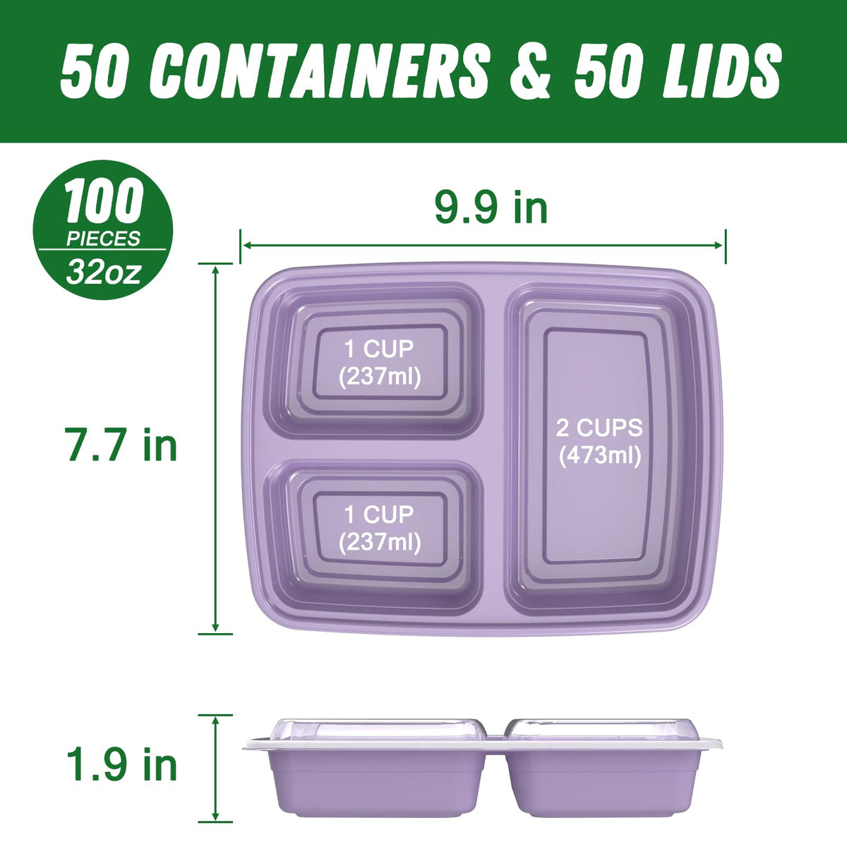 50 Pack (100-Piece) 32 oz Meal Prep Containers Reusable with Lids 3-Compartment, To Go Take Out Plastic Food Storage Containers, Sturdy Leakproof Food Safe, Microwave Freezer Dishwasher Safe, Lilac