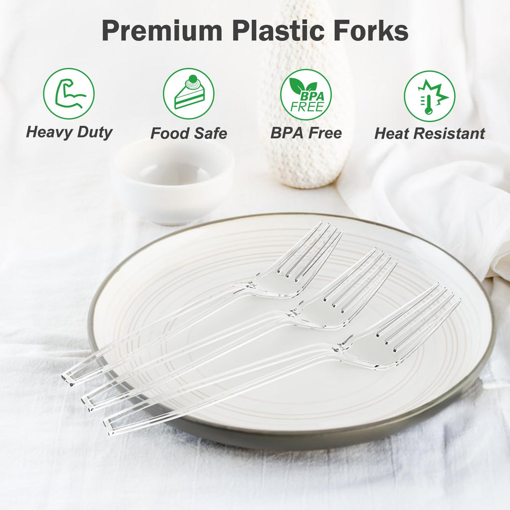 Dealusy 300 Count Extra Heavy Duty Clear Plastic Forks Disposable, BPA-Free, Heat Resistant, Solid and Durable Disposable Forks Bulk, Premium Plastic Forks heavy duty for Party Supply
