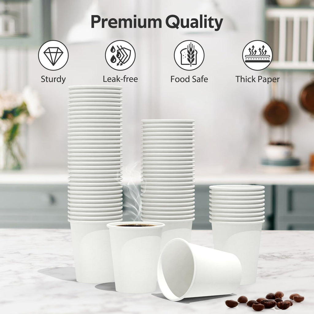 Dealusy 100 Count 8 oz Coffee Cups, Leak-Free Food Safe Paper Cups 8 oz, Disposable 8oz White Paper Cups for Cold and Hot Drinks