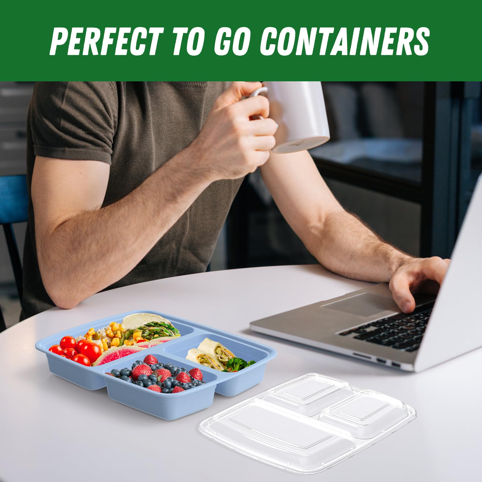 50 Pack (100-Piece) 32 oz Meal Prep Containers Reusable with Lids 3-Compartment, To Go Take Out Plastic Food Storage Containers, Sturdy Leakproof Food Safe, Microwave Freezer Dishwasher Safe, Blue