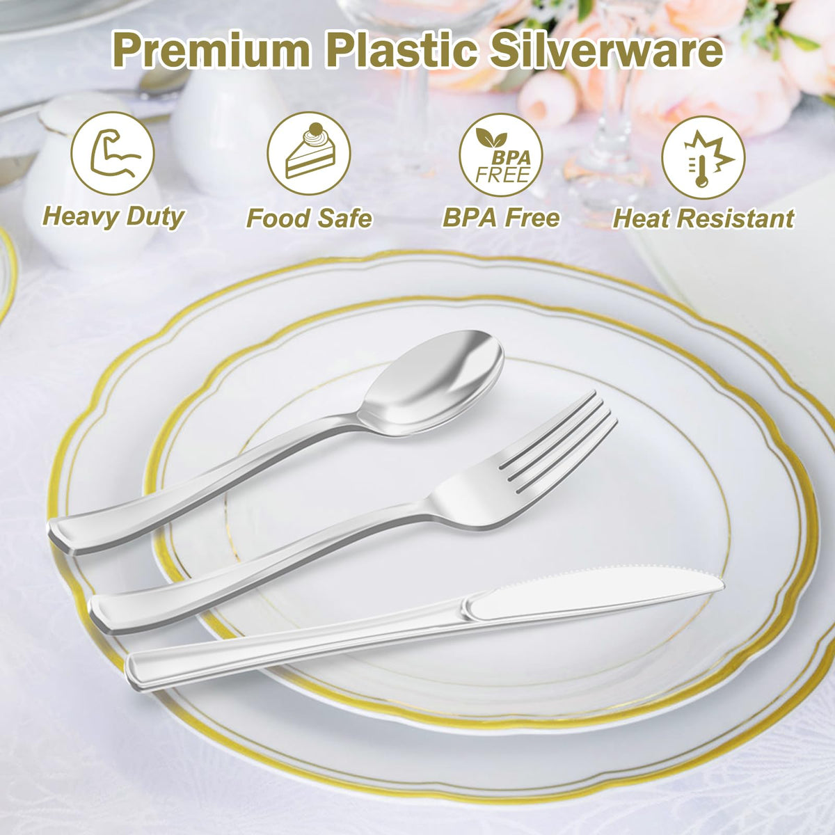 Dealusy 200 Count Heavy Duty Silver Plastic Silverware, 100 Forks, 50 Spoons, 50 Knives, BPA-Free, Heat Resistant, Disposable Plastic Utensils Set Cutlery Set, Plasticware Bulk