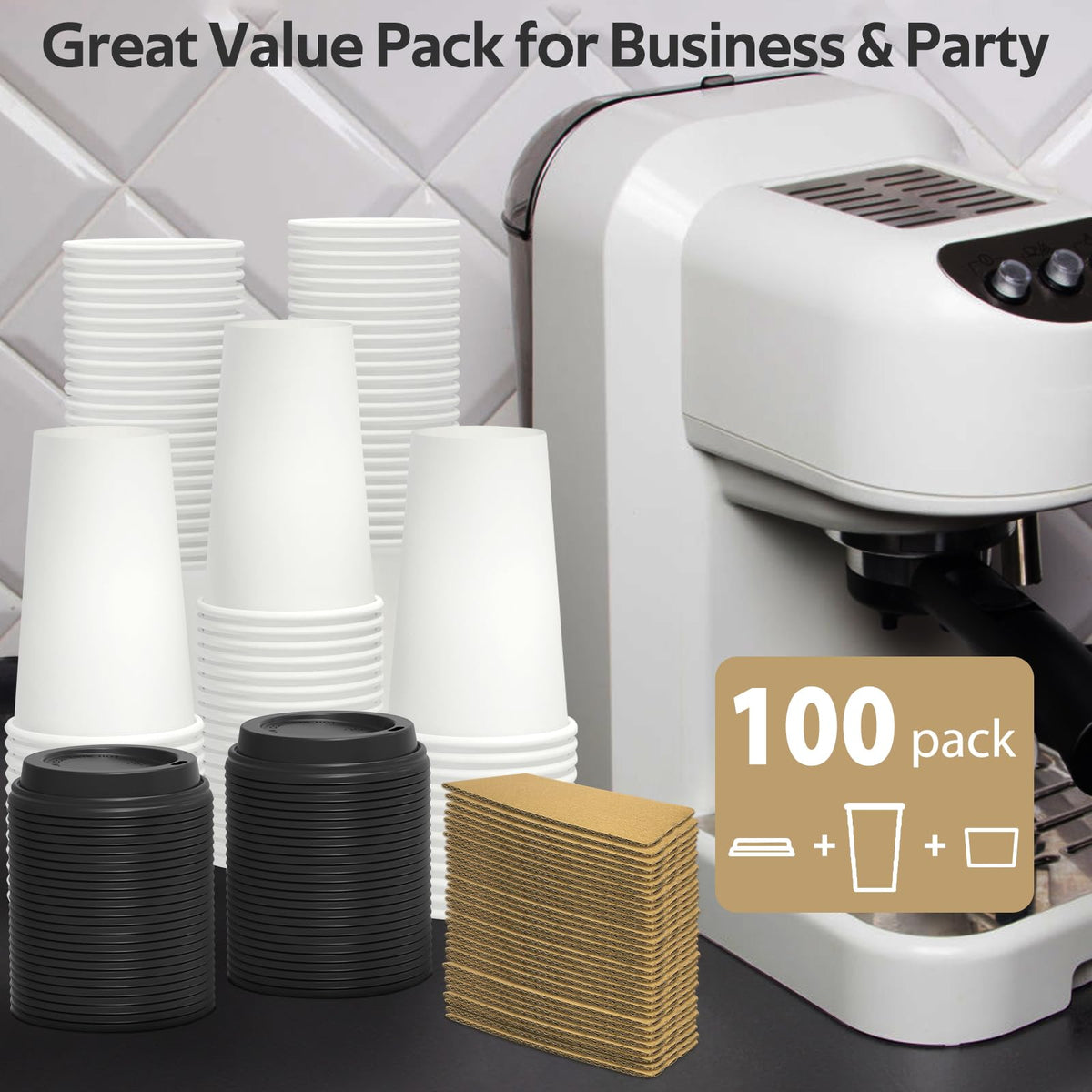 Dealusy 100 Pack 16 oz Disposable Coffee Cups with Lids and Sleeves, Sturdy Thick Paper & Leak-free Insulated to Go Paper Hot Coffee Cups with Sip Lids for Hot & Cold Beverage