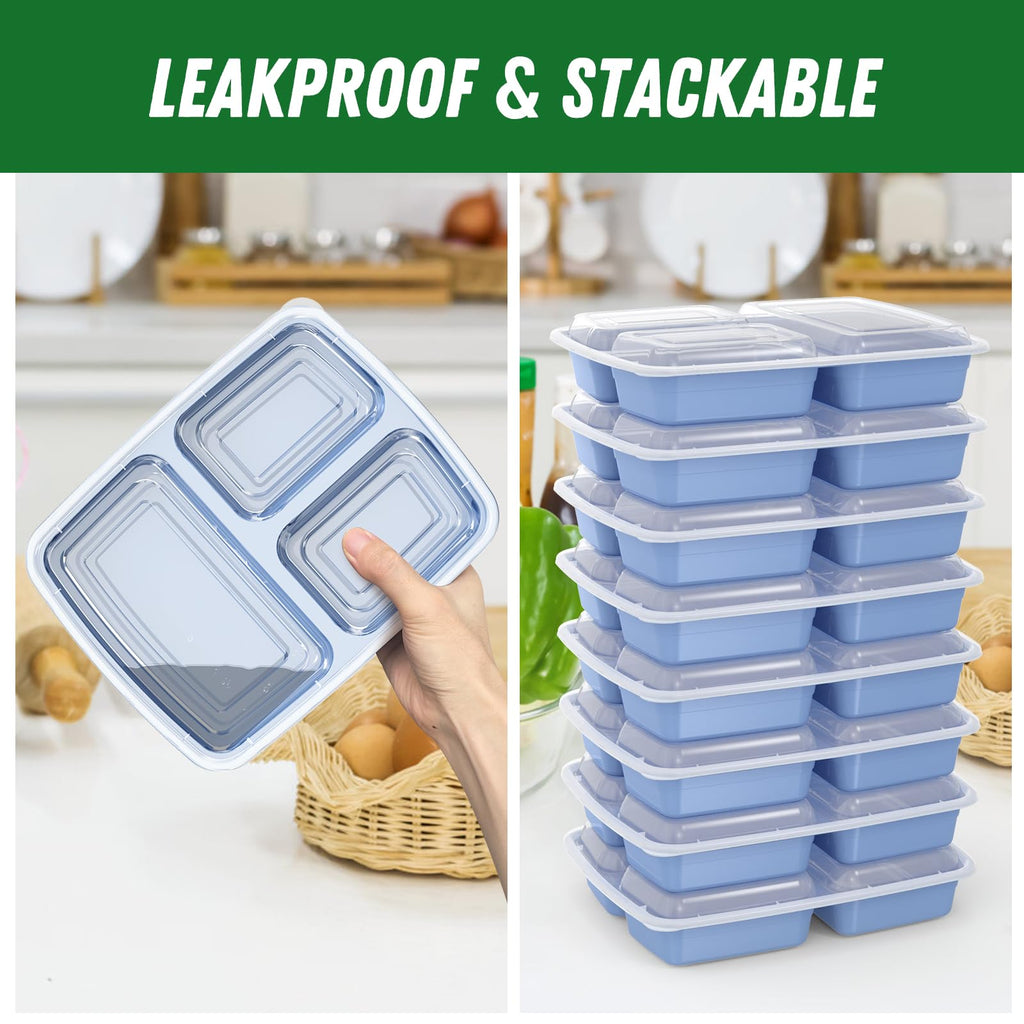 50 Pack (100-Piece) 32 oz Meal Prep Containers Reusable with Lids 3-Compartment, To Go Take Out Plastic Food Storage Containers, Sturdy Leakproof Food Safe, Microwave Freezer Dishwasher Safe, Blue