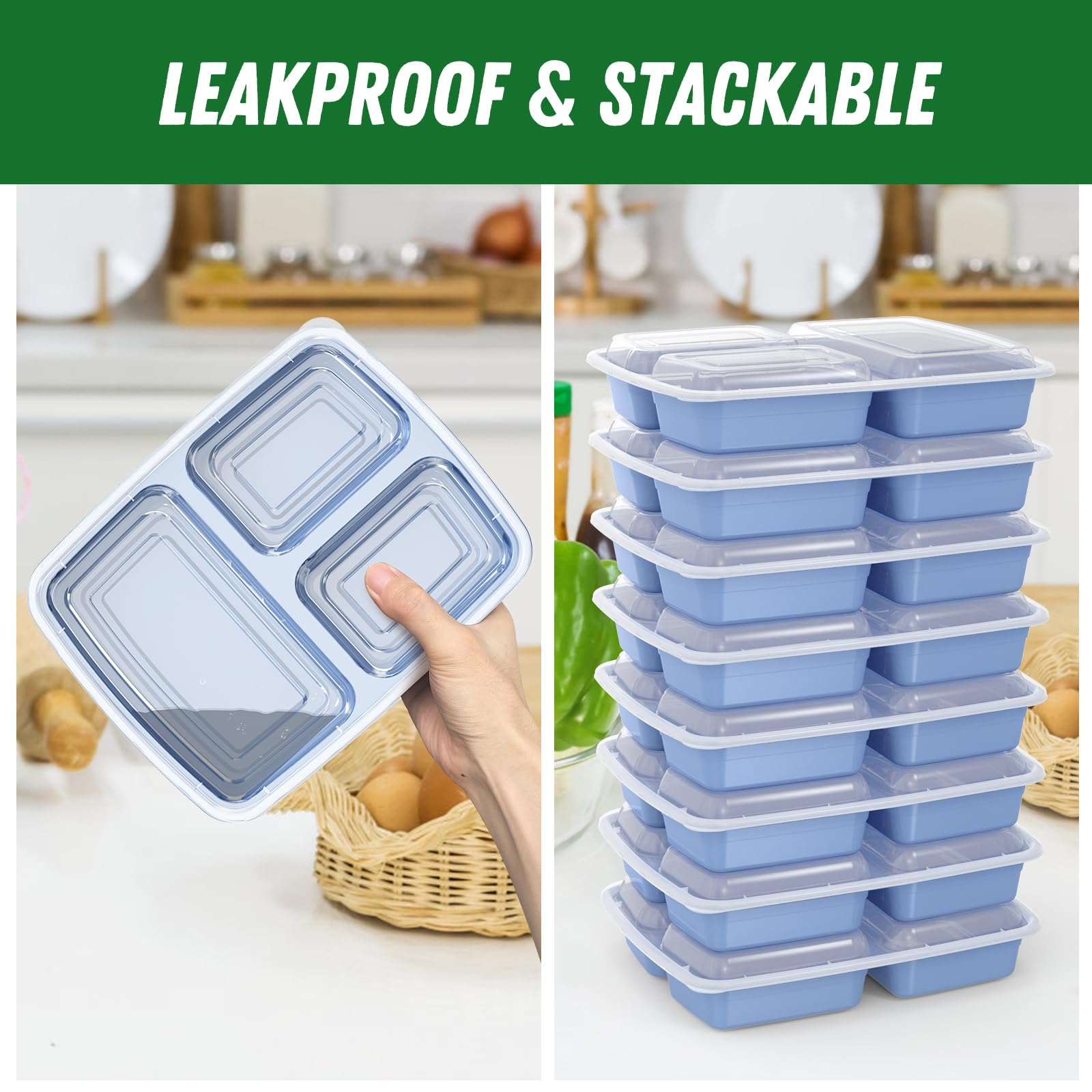 50 Pack (100-Piece) 32 oz Meal Prep Containers Reusable with Lids 3-Compartment, To Go Take Out Plastic Food Storage Containers, Sturdy Leakproof Food Safe, Microwave Freezer Dishwasher Safe, Blue