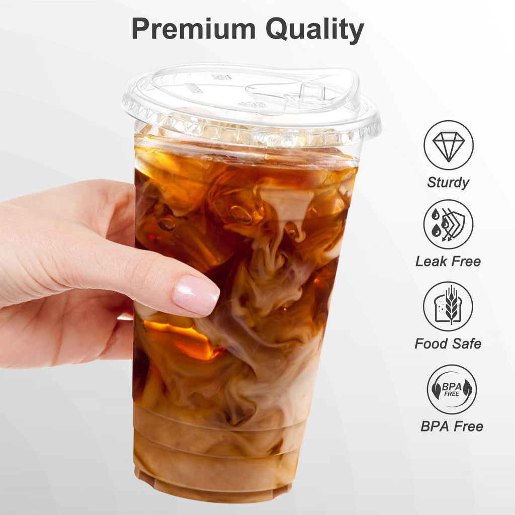 Dealusy 100 Pack - 24 oz Clear Plastic Cups with Lids, Sturdy & Food Safe Iced Coffee Cups with lids, Disposable Plastic Smoothie Cups for Cold Drinks, Sip Lids