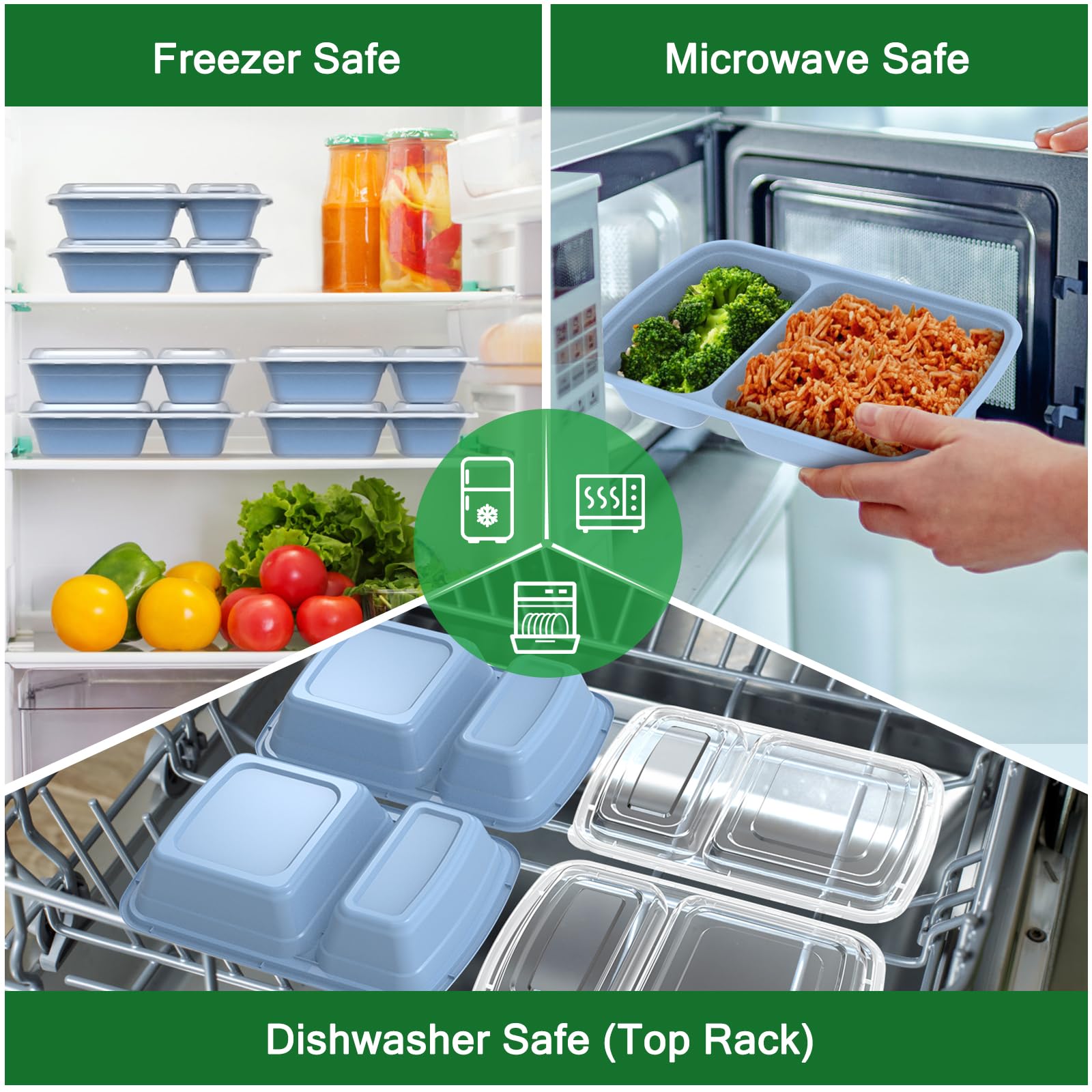 Dealusy 50 Pack (100-Piece) 28 oz Meal Prep Containers Reusable with Lids 2-Compartment, Sturdy Leakproof Food Safe, Microwave Freezer Dishwasher Safe, To Go Take Out Plastic Food Storage, Blue