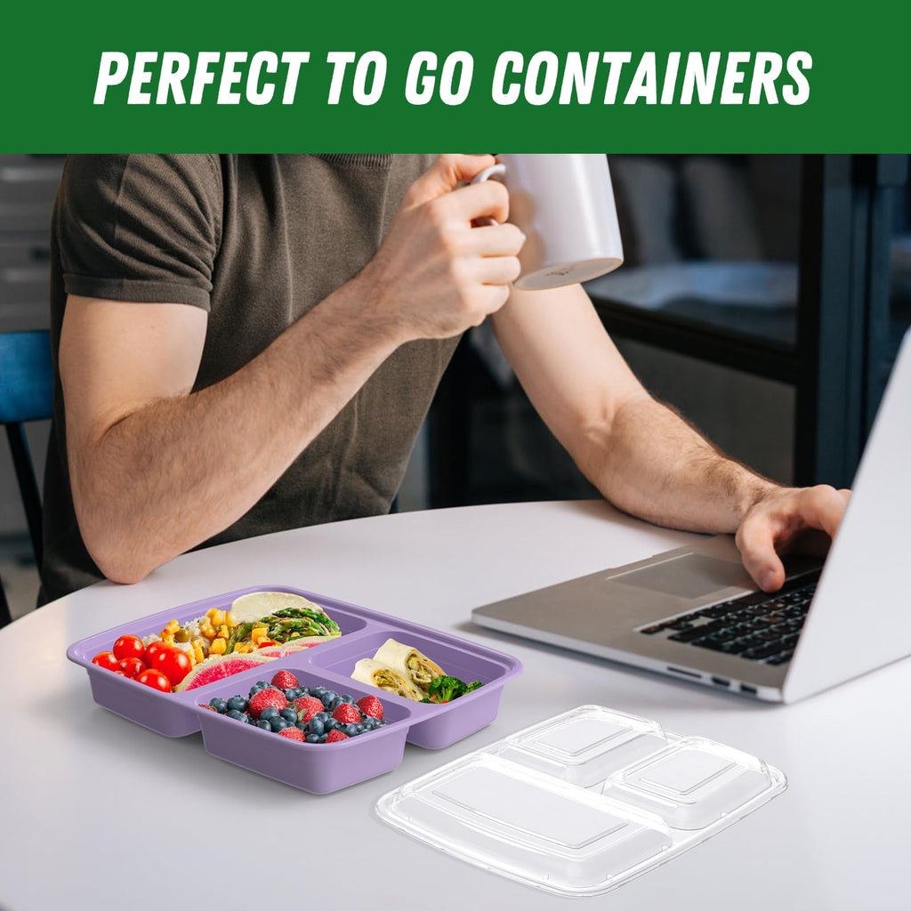 50 Pack (100-Piece) 32 oz Meal Prep Containers Reusable with Lids 3-Compartment, To Go Take Out Plastic Food Storage Containers, Sturdy Leakproof Food Safe, Microwave Freezer Dishwasher Safe, Lilac