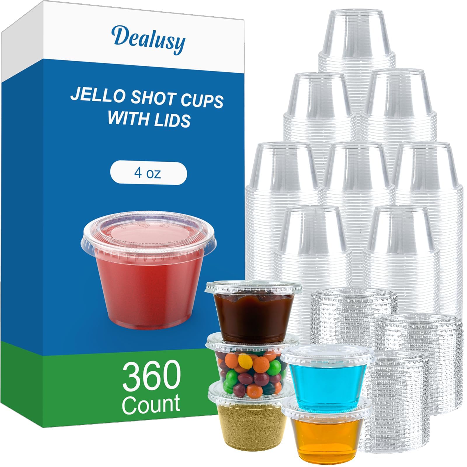 Dealusy 360 Set 4 oz Jello Shot Cups with Lids, Sturdy & Food Safe Disposable Plastic Portion Condiment Dipping Sauce Cups, Small Containers for Salad Dressing