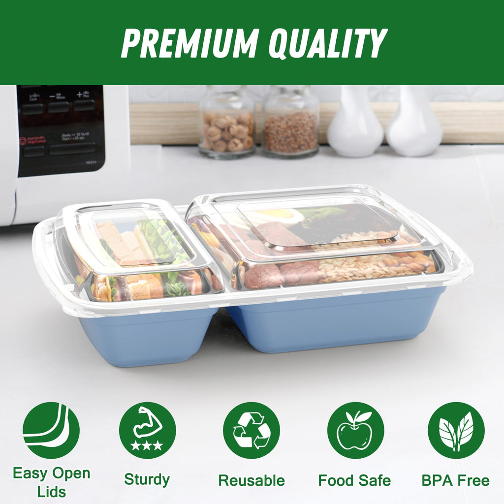 Dealusy 50 Pack (100-Piece) 28 oz Meal Prep Containers Reusable with Lids 2-Compartment, Sturdy Leakproof Food Safe, Microwave Freezer Dishwasher Safe, To Go Take Out Plastic Food Storage, Blue