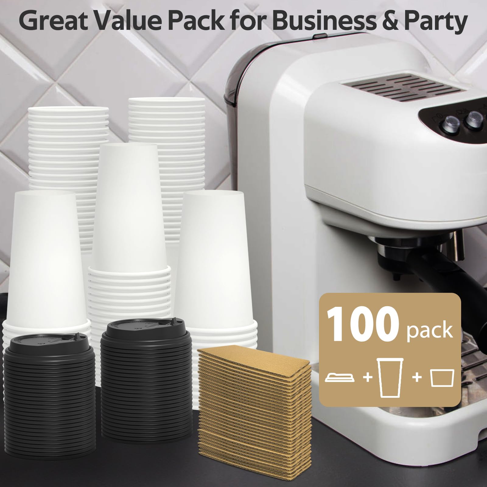 Dealusy 100 Pack 16 oz Disposable Coffee Cups with Lids and Sleeves, Sturdy Thick Paper & Leak-free Insulated to Go Paper Hot Coffee Cups for Hot & Cold Beverage