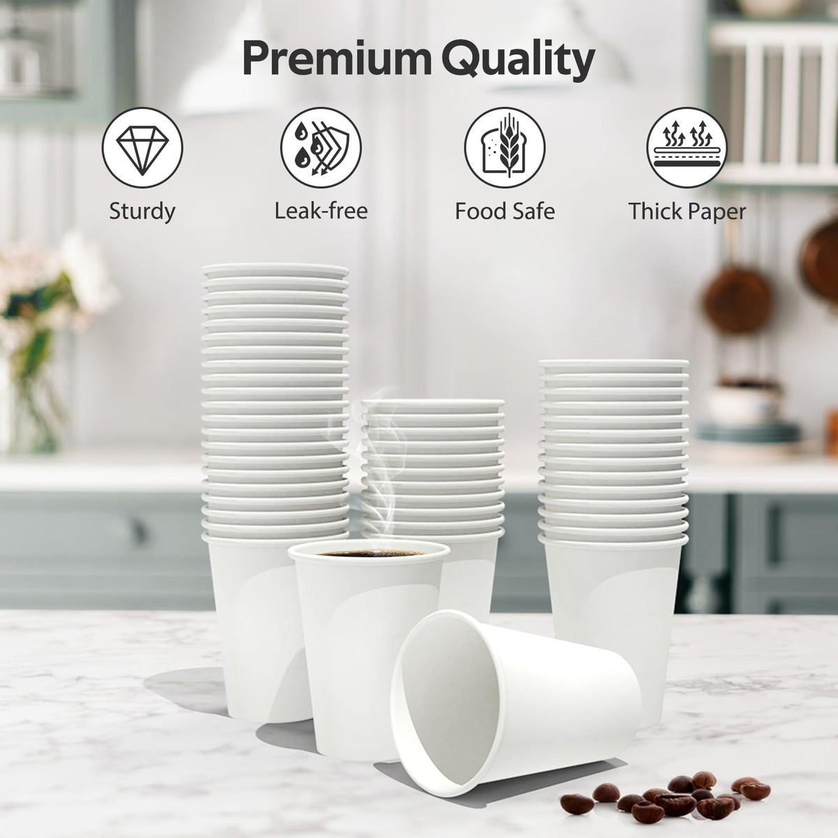 Dealusy 200 Count 12 oz Coffee Cups, Leak-Free Food Safe Paper Cups 12 oz, Disposable 12oz White Paper Cups for Cold and Hot Drinks