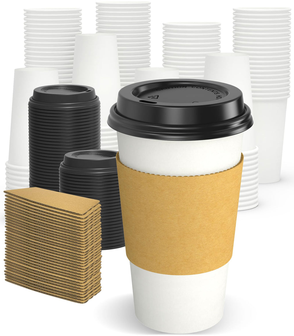 Dealusy 100 Pack 16 oz Disposable Coffee Cups with Lids and Sleeves, Sturdy Thick Paper & Leak-free Insulated to Go Paper Hot Coffee Cups with Sip Lids for Hot & Cold Beverage