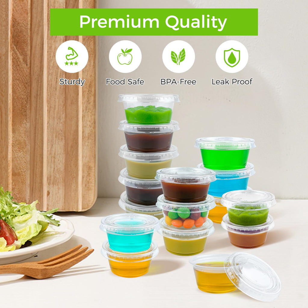 Dealusy 360 Set 2 oz Jello Shot Cups with Lids, Sturdy & Food Safe Disposable Plastic Portion Condiment Dipping Sauce Cups, Small Containers for Salad Dressing