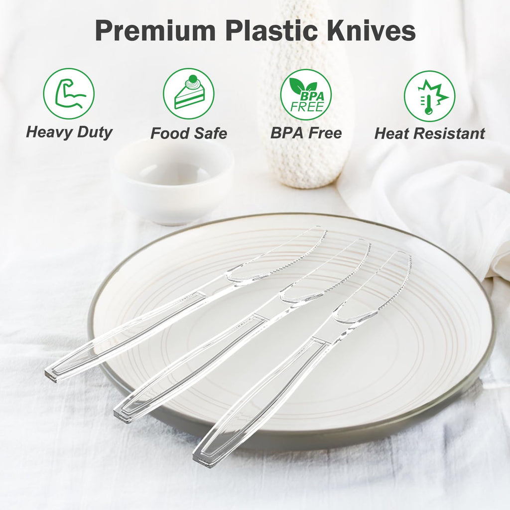 Dealusy 100 Count Extra Heavy Duty Clear Plastic Knives Disposable, BPA-Free, Heat Resistant, Solid and Durable Disposable Knives Bulk, Premium Plastic Knives heavy duty for Party Supply