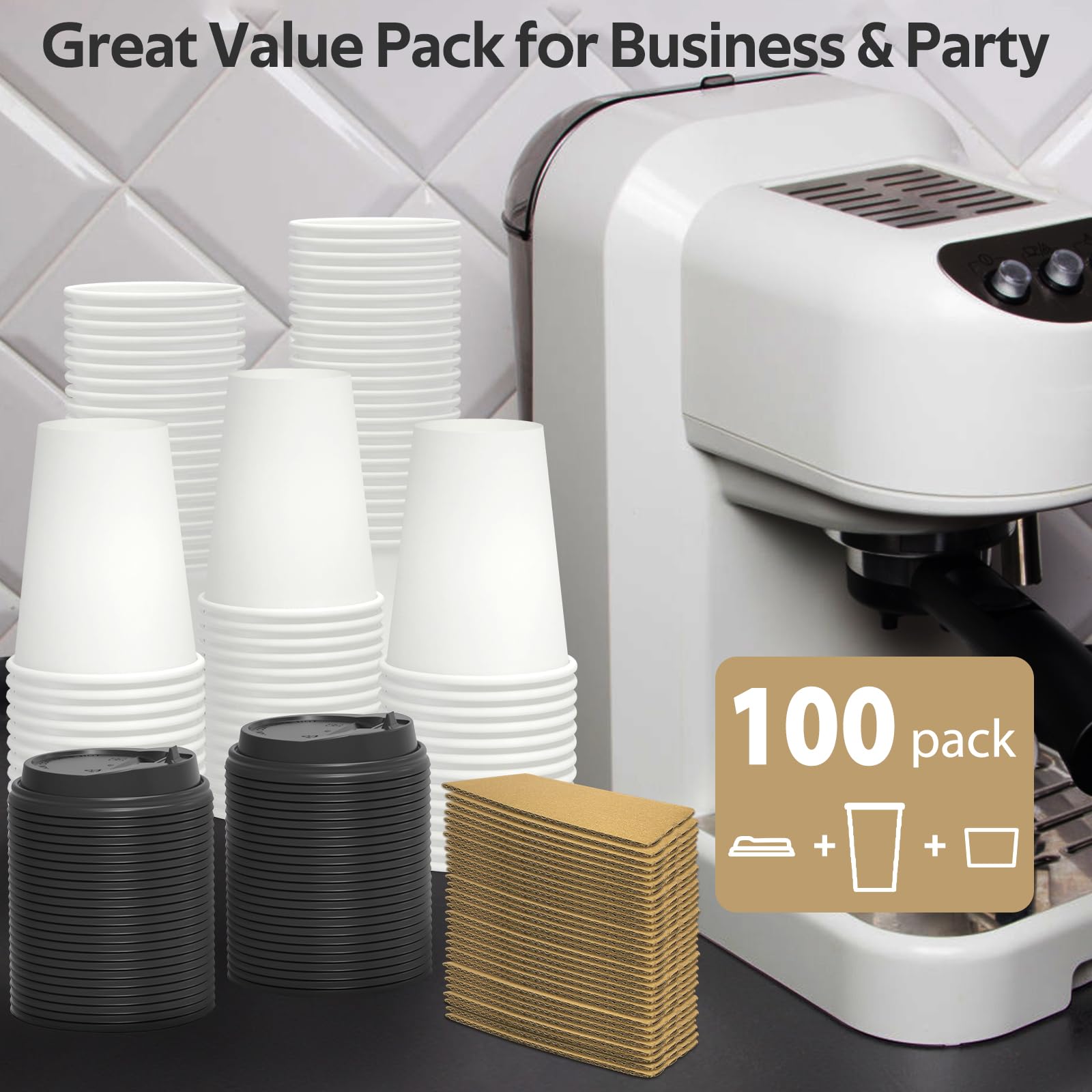 Dealusy 100 Pack 12 oz Disposable Coffee Cups with Lids and Sleeves, Sturdy Thick Paper & Leak-free Insulated to Go Paper Hot Coffee Cups for Hot & Cold Beverage