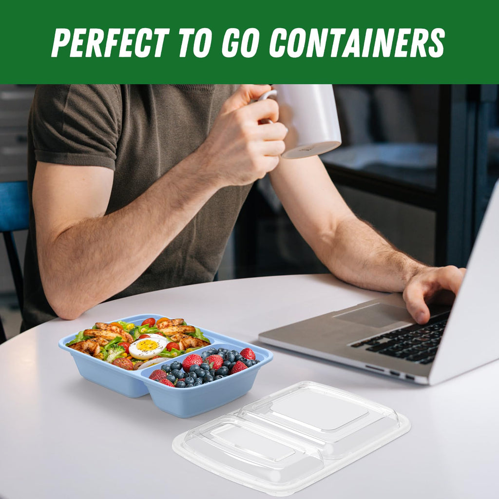Dealusy 50 Pack (100-Piece) 28 oz Meal Prep Containers Reusable with Lids 2-Compartment, Sturdy Leakproof Food Safe, Microwave Freezer Dishwasher Safe, To Go Take Out Plastic Food Storage, Blue
