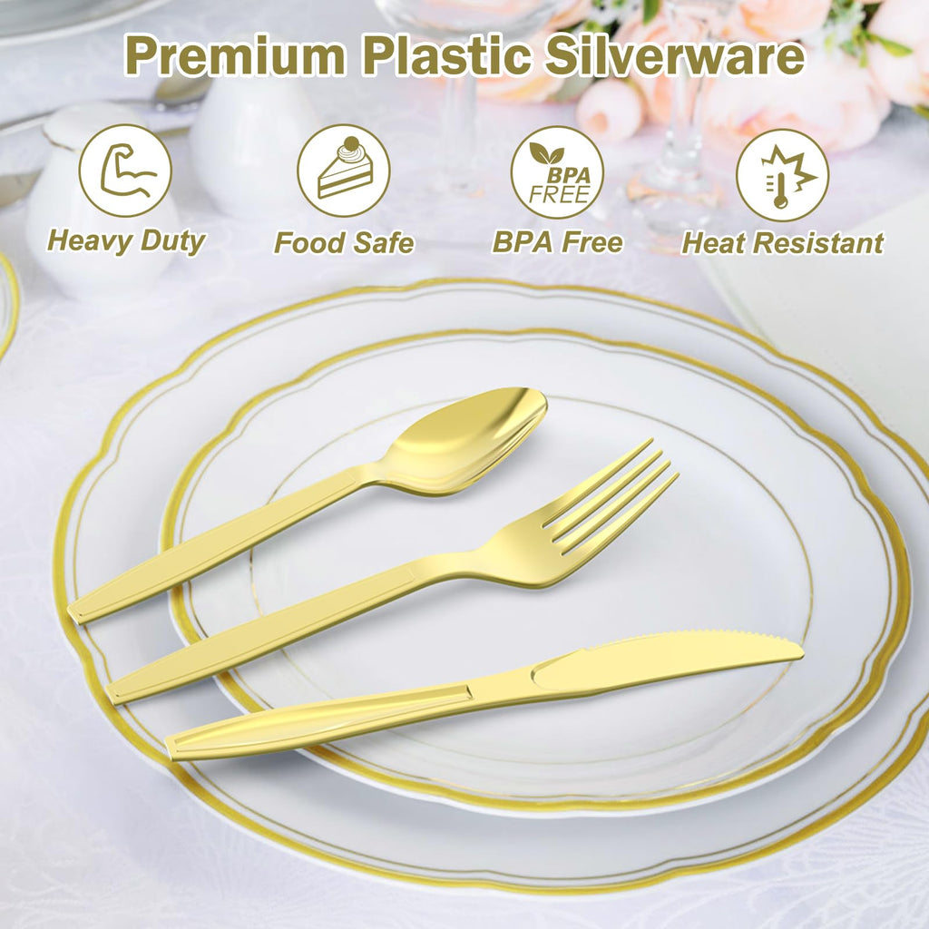 Dealusy 300 Count Extra Heavy Duty Gold Plastic Silverware, 100 Forks, 100 Spoons, 100 Knives, BPA-Free, Heat Resistant, Disposable Plastic Utensils Set, Plastic Cutlery Set, Plasticware Bulk